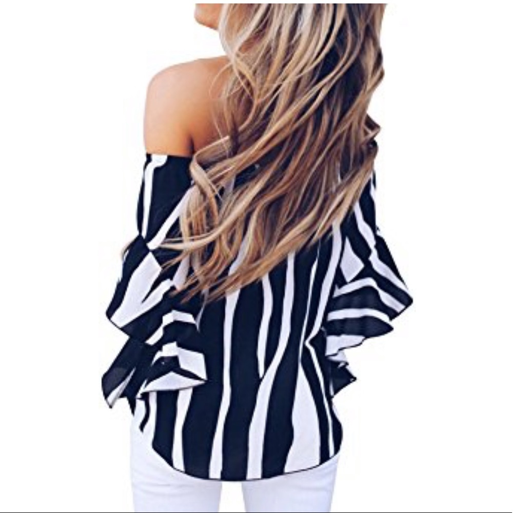 women stripes off shoulder chiffon blouse - Picture 3 of 5